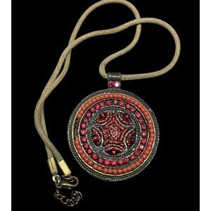Vintage Red Beaded Brass Medallion Pendant Necklace